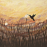 Acrylic painting of a field with brown waving grass and four white flowers and a hummingbird profile