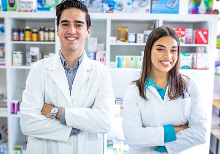 two pharmacy technicians standing with arms crossed