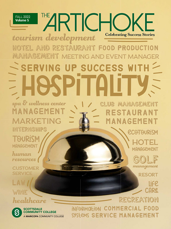 The Artichoke magazine cover from Fall 2022, volume 5 displaying a counter bell and text related to Hospitality Management