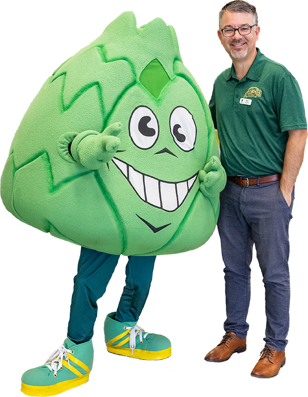 Mascot Artie the Artichoke with SCC President Dr. Eric Leshinksie.