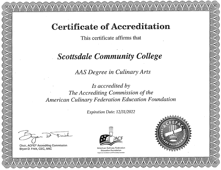 Certificate of Accreditation AAS Degree in Culinary Arts