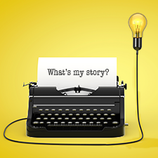 typewriter with the words, What's my story? on a sheet of paper leading to a lightbulb