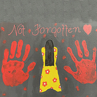 A painting representing the issue of Missing and Murdered Indigenous Women and People with a dark gray background. 