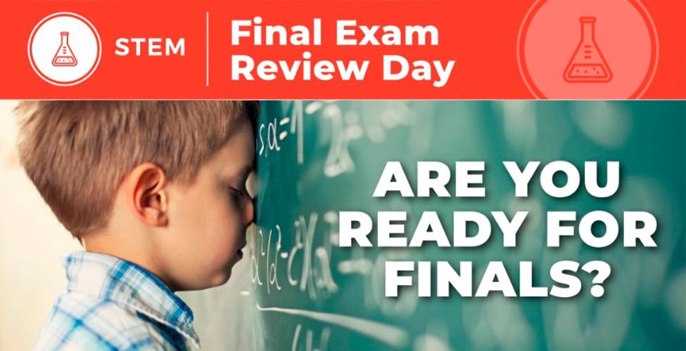 STEM Final Exam Review Day—Are you ready for finals? Distraught child with forehead pressed against a chalkboard.