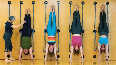 yoga instructor with students doing hand stands