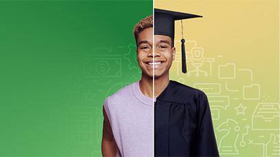 Student with left side wearing a t-shirt and right side wearing a cap and gown.