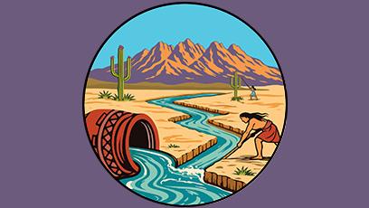illustration of native person by a river with a desert backdrop