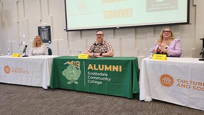 Panelists (Tamra Gagnon, Jonathan Danielson — SCC alum, and Andria Sheridan - SCC alum — left to right) share how their humanities backgrounds have shaped their professional success during the Culture and Society FOI Career Panel.