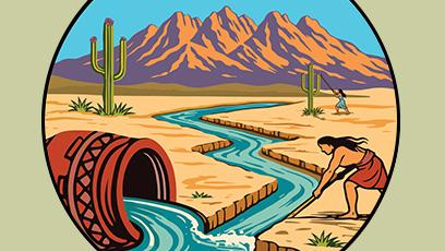 illustration of native person by a river with a desert backdrop