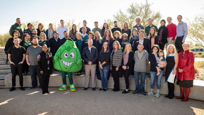 Students, mascot and donors