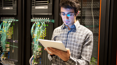 student looking at device