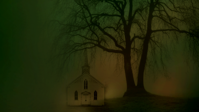 dark, gloomy scene with church and tree