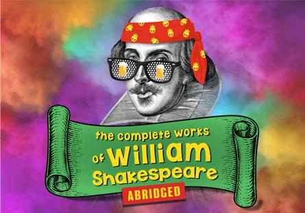 Caricature of William Shakespeare wearing a red bandana, glasses with mugs, and a banner reading, "The complete works of William Shakespeare, Abridged."