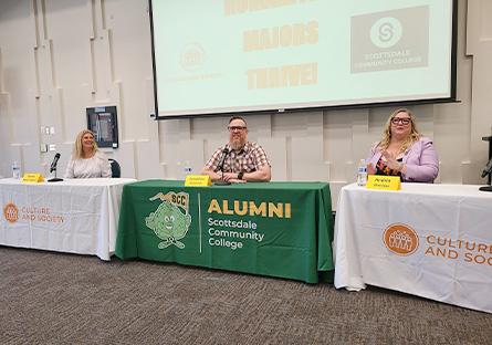Panelists (Tamra Gagnon, Jonathan Danielson — SCC alum, and Andria Sheridan - SCC alum — left to right) share how their humanities backgrounds have shaped their professional success during the Culture and Society FOI Career Panel.