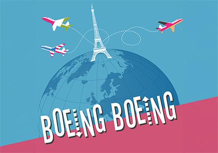 The words boeing boeing in front of a globe with eiffel tower and airplanes