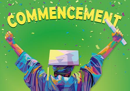 graduate with arms raised up, clutching a diploma, with the word COMMENCEMENT in the background
