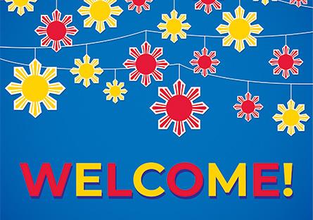 welcome banner with flowers on a blue background