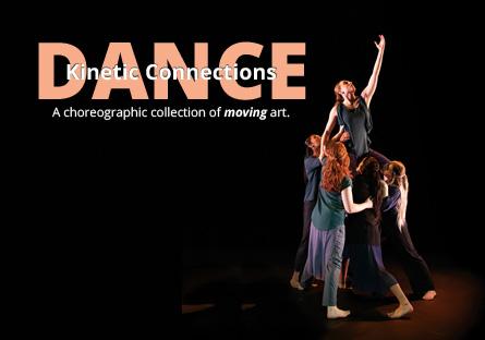 SCC student dancers on stage with the words: Dance, Kinetic Connections, A choreographic collection of moving art.