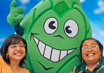 artichoke mascot and two students