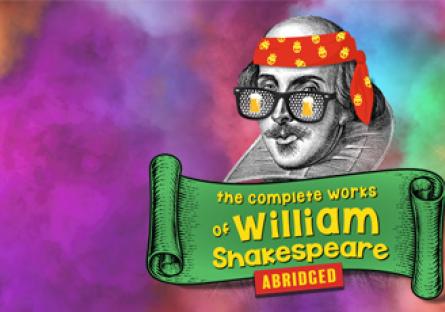 Caricature of William Shakespeare wearing a red bandana, glasses with mugs, and a banner reading, "The complete works of William Shakespeare, Abridged."