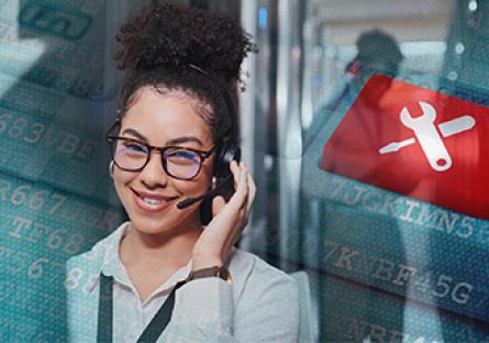 student with headset and large red tool icon button in the background