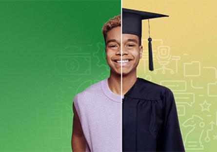 Student with left side wearing a t-shirt and right side wearing a cap and gown.