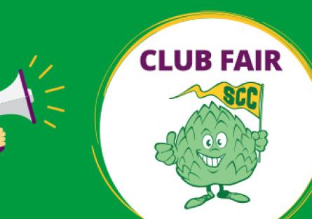 Megaphone announcing Club Flair with Artie the Artichoke Mascot