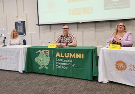 Panelists (Tamra Gagnon, Jonathan Danielson — SCC alum, and Andria Sheridan - SCC alum — left to right) share how their humanities backgrounds have shaped their professional success during the Culture and Society FOI Career Panel.