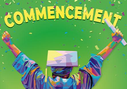 graduate with arms raised up, clutching a diploma, with the word COMMENCEMENT in the background