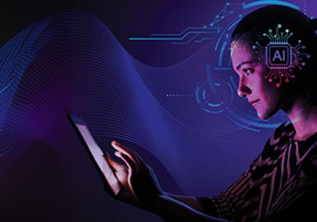 student working on laptop with letters AI in the background