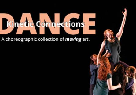 SCC student dancers on stage with the words: Kinetic Connections, Dance, A choreographic collection of moving art.