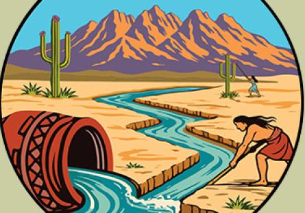 illustration of native person by a river with a desert backdrop