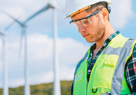 sustainability officer looking at clipboard with wind power turbines in background