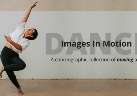 dancer with text: Images in Motion Dance A choreographic collection of moving art.