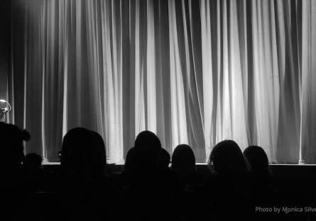 stage with curtains drawn and audience silhouette