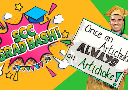 SCC Grad Bash - graduate holding sign that reads, Once an Artichoke, always an Artichoke