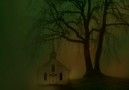 dark, gloomy scene with church and tree