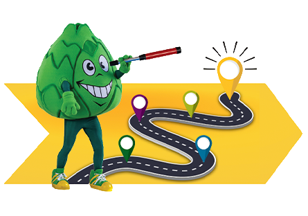 Scottsdale Community College's mascot holding a telescope, looking forward to the milestones on the path to accreditation.