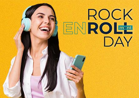 female with headphones with lettering that reads Rock Enrollment Day