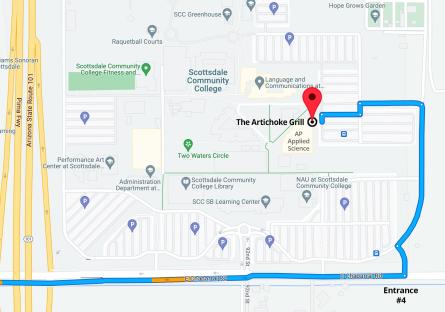 Directions: From the 101 exit on Chaparral. Driving east on Chaparral, turn left in Entrance #4 and follow the road to the right. The Culinary Arts Dining rooms are in the Applied Sciences Building on the east side of campus by the bus stop. Parking Lot H is closest.