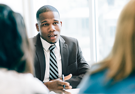 business person consulting with clients