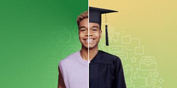 student dressed plainly on left and in graduation gear on right