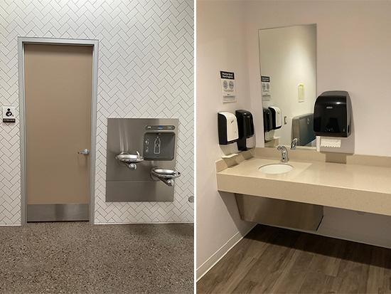 Entrance to ICC-314 Lactation Room with water fountains to the right of the door and interior of lactation room with Sink, Mirror, Soap, Paper Towels, Countertop.