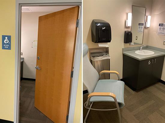 Doorway to SC-165 Lactation Room  and interior of lactation room with Chair, Sink, Mirror, Soap, Paper Towels, Countertop.