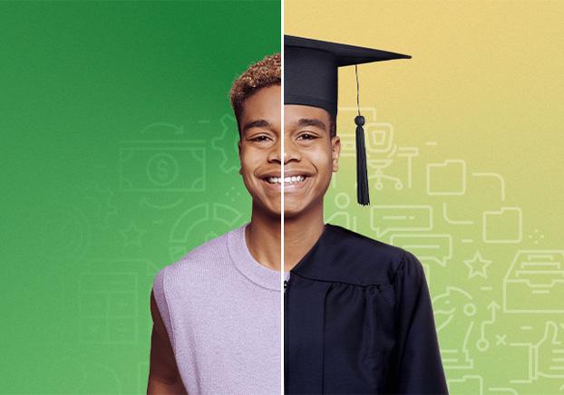 student wearing t-shirt morphing into student wearing graduation outfit